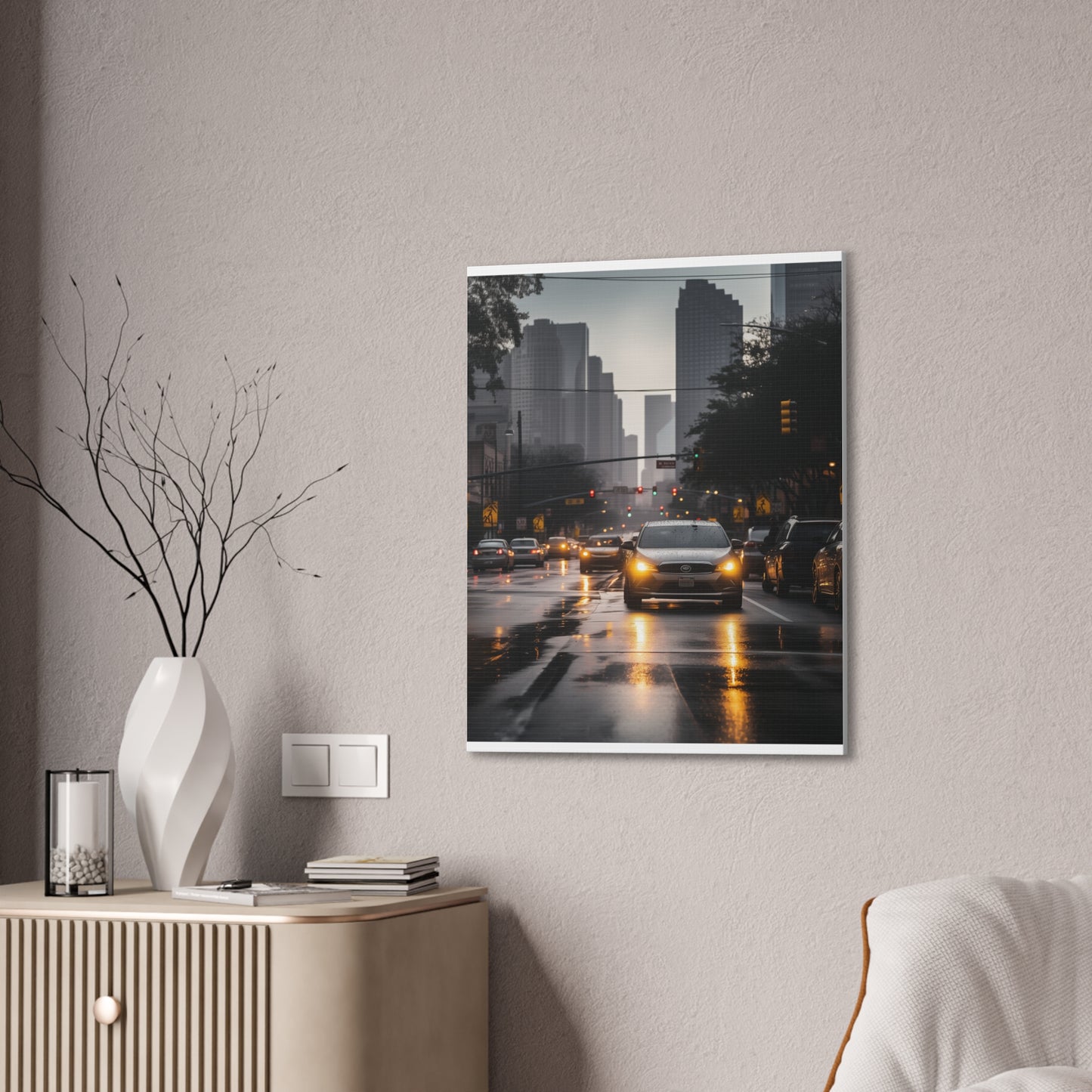 Urban Charisma: High-Resolution Vertical Canvas with Light Gray and Amber Grading