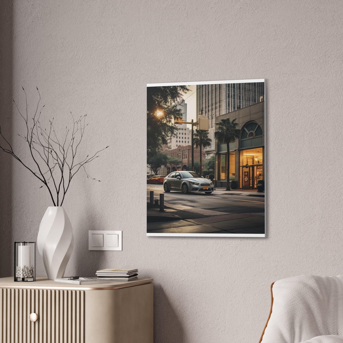 Urban Charisma: High-Resolution Vertical Canvas with Light Gray and Amber Grading