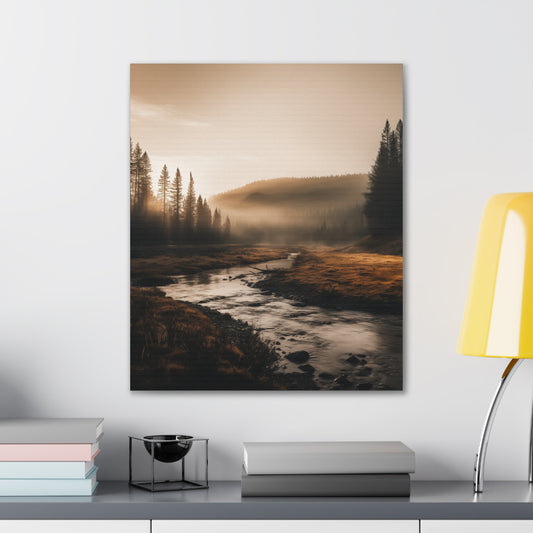 River Serenade: Vertical Canvas Art in High Resolution, Light Gray, and Amber"