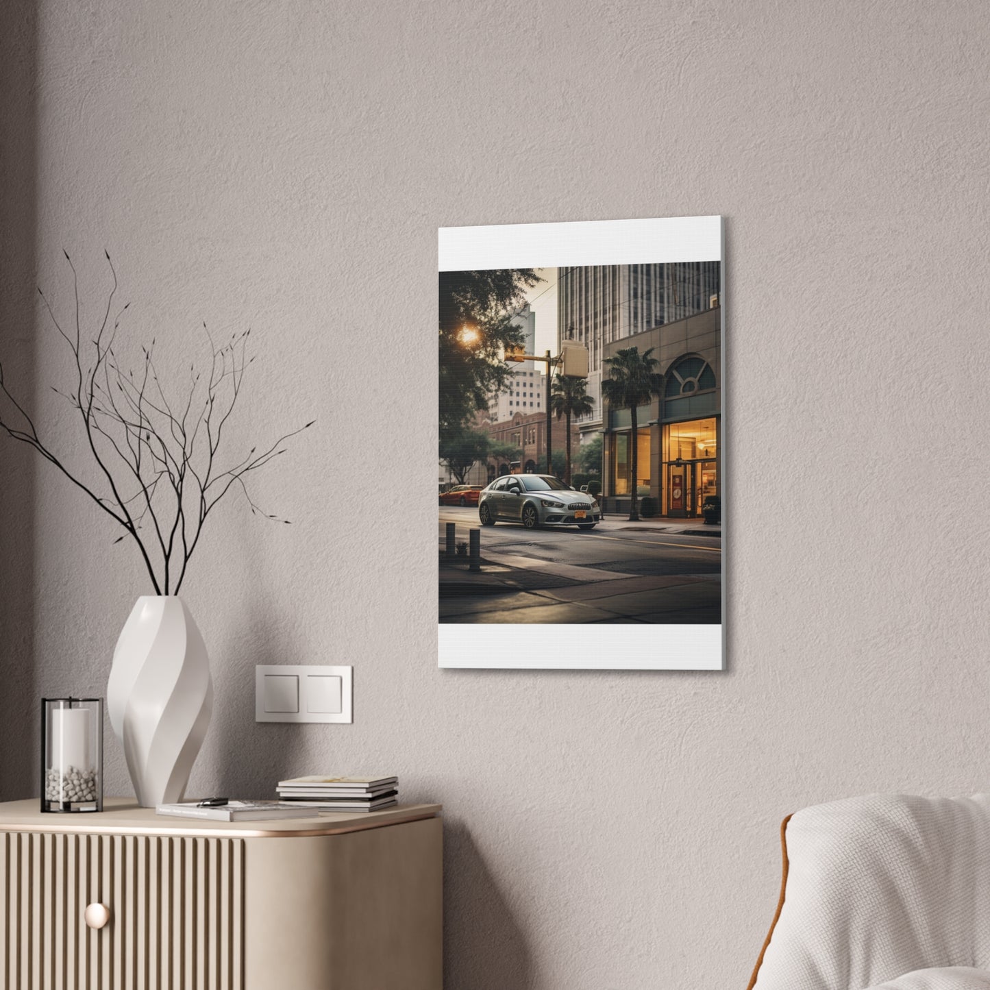 Urban Charisma: High-Resolution Vertical Canvas with Light Gray and Amber Grading