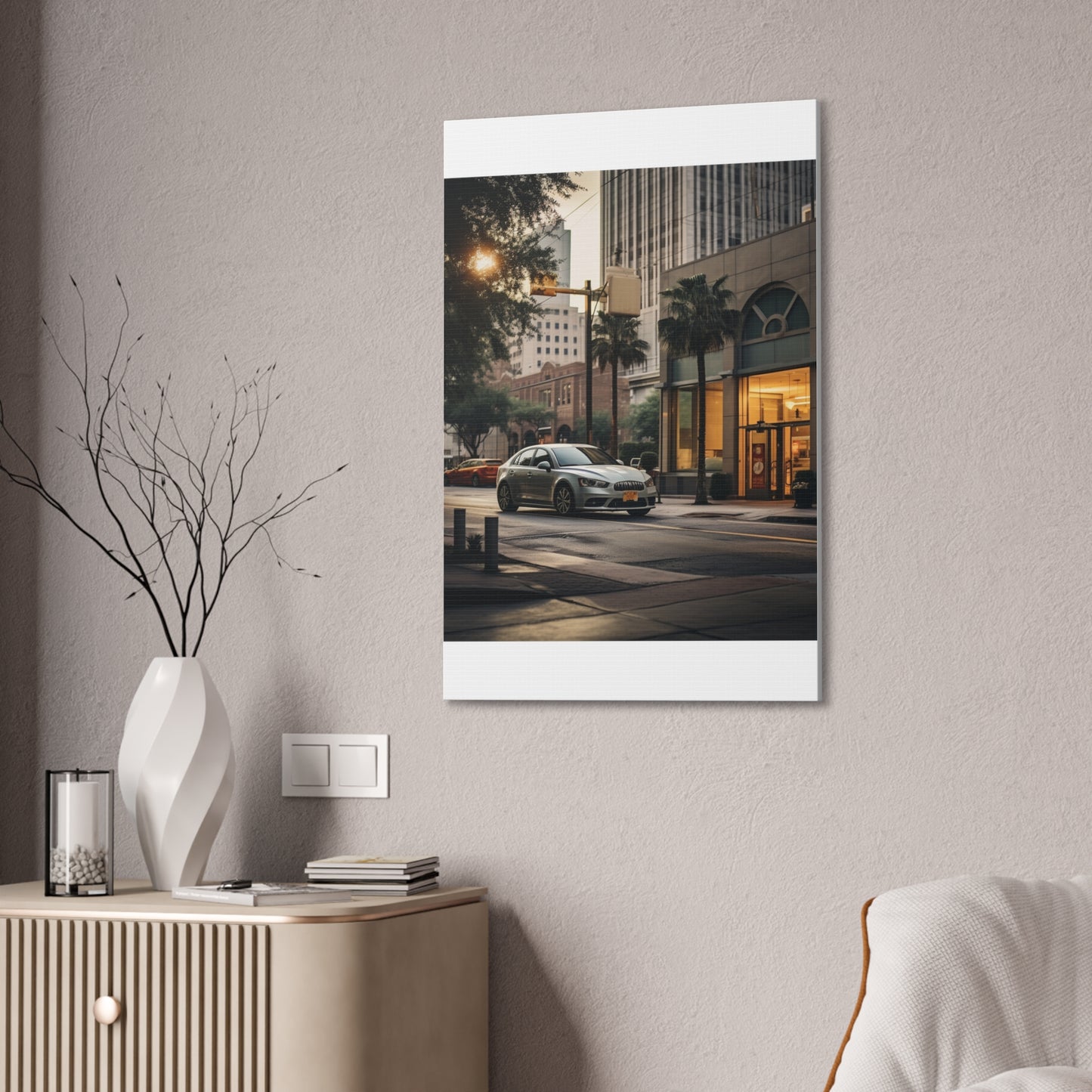 Urban Charisma: High-Resolution Vertical Canvas with Light Gray and Amber Grading