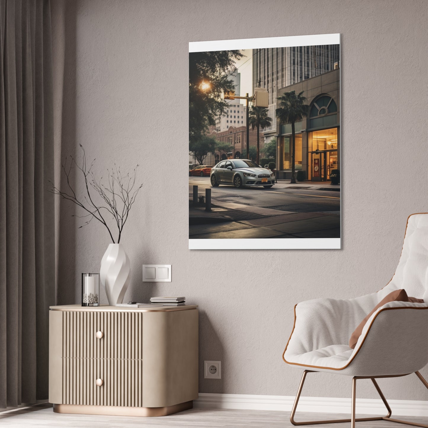 Urban Charisma: High-Resolution Vertical Canvas with Light Gray and Amber Grading